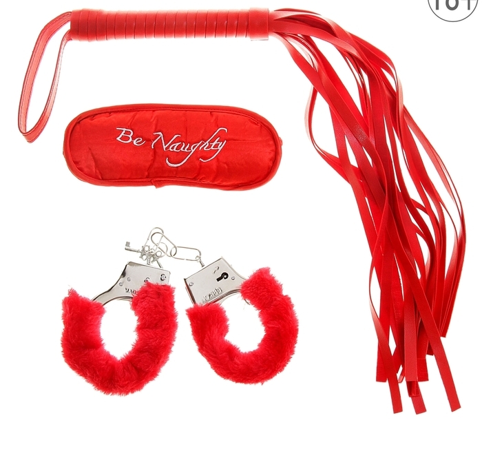 Набор влюбленных 3 предмета: плетка, наручники, повязка, цвет красный
